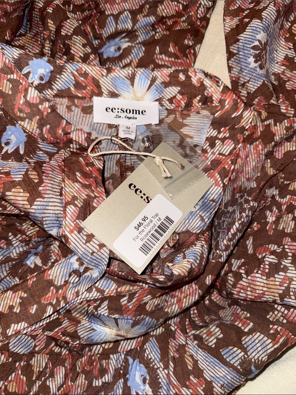 eesome Brown Floral V-Neck Long-Sleeve Blouse with Blue Accents - Picture 2 of 2